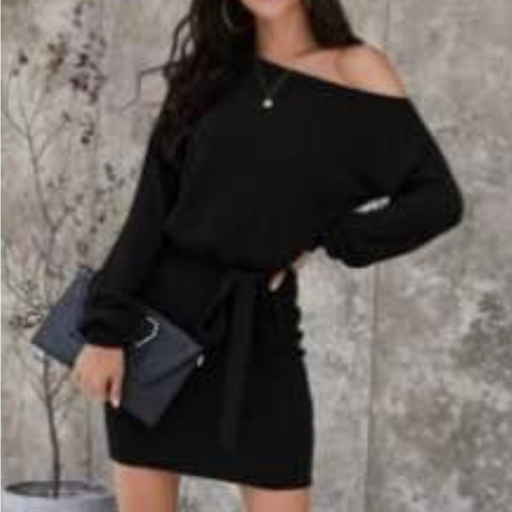 Never worn SHEIN BLACK Off The Shoulder Dress W/ Tie
